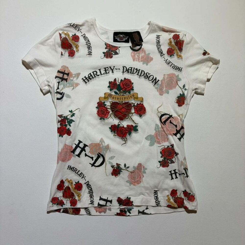 Y2K Harley Davidson Women's Rose AOP Tee Shirt Top